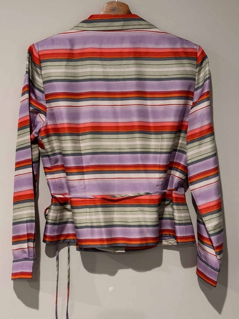 Papell Petites 2 Pc 100% Silk Pant Suit Set Size 10P Purple Striped Wrap Jacket - Picture 4 of 7